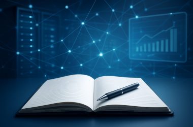 Open notebook with a pen on a tech-inspired background