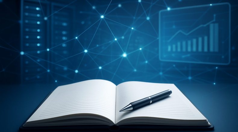 Open notebook with a pen on a tech-inspired background