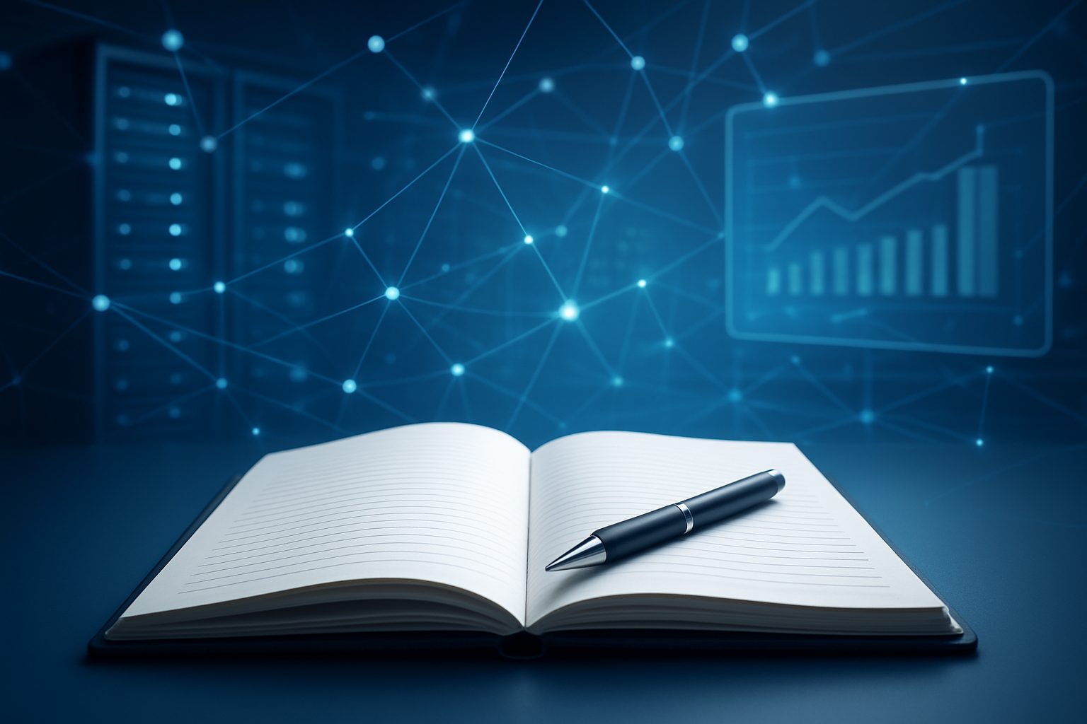 Open notebook with a pen on a tech-inspired background