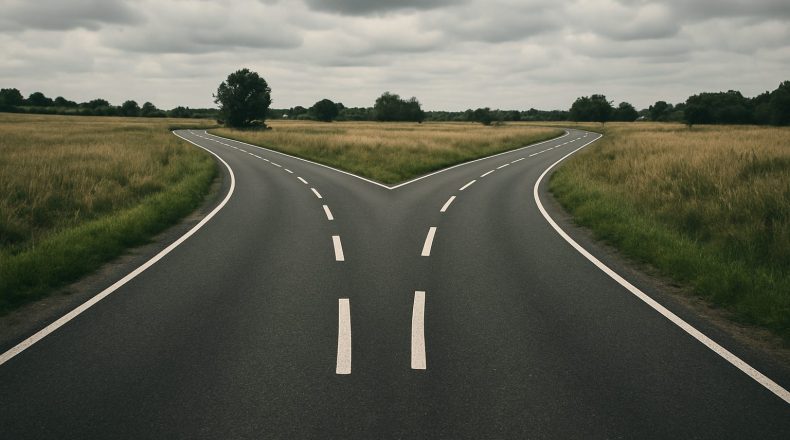 A fork in the road surrounded by fields.
