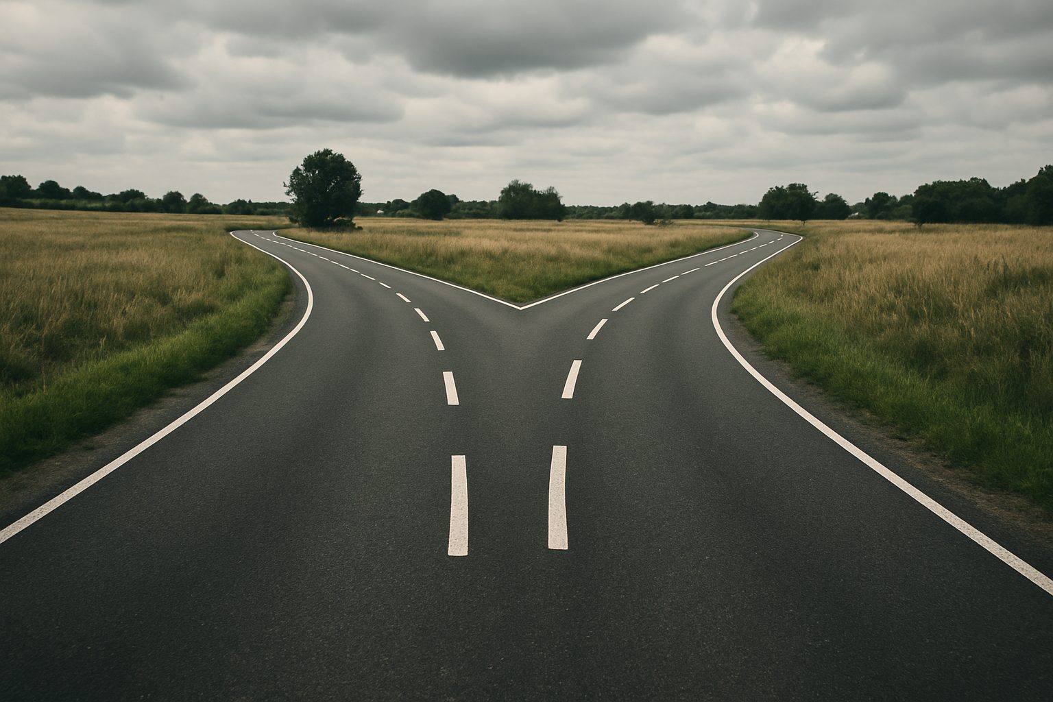 A fork in the road surrounded by fields.