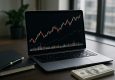 Laptop displaying a trading chart with a notebook and cash beside it