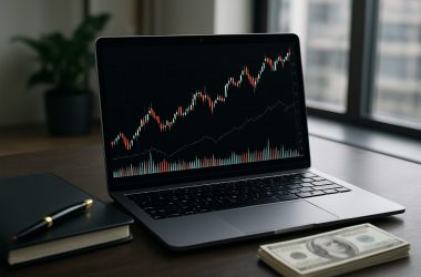 Laptop displaying a trading chart with a notebook and cash beside it