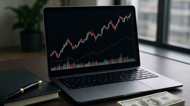 Laptop displaying a trading chart with a notebook and cash beside it