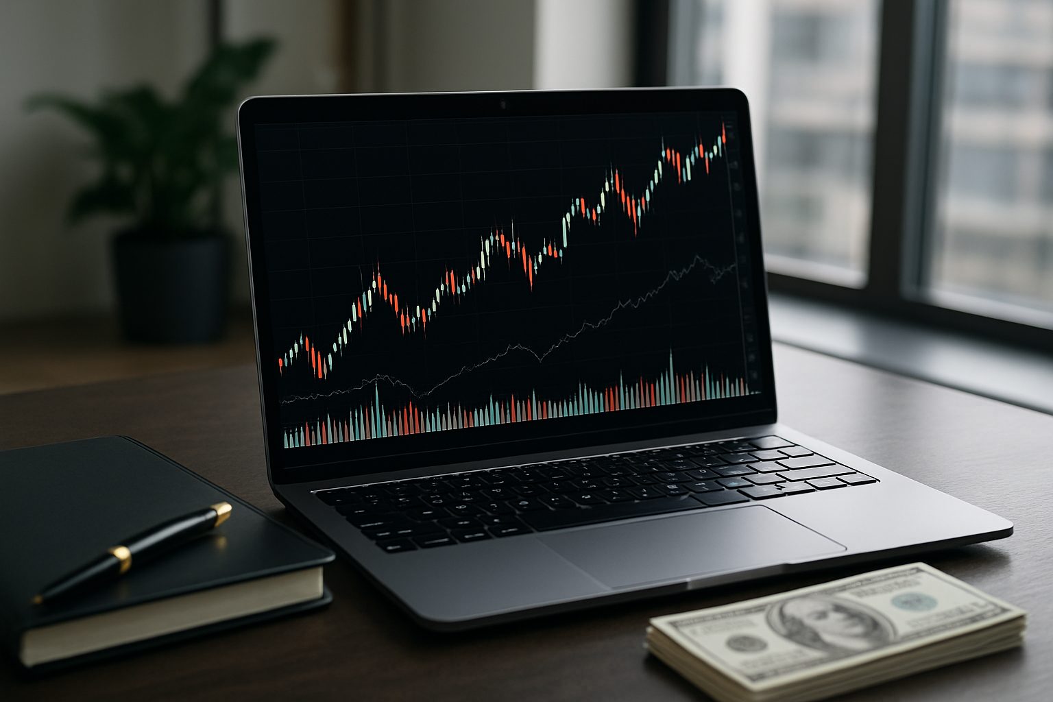 Laptop displaying a trading chart with a notebook and cash beside it